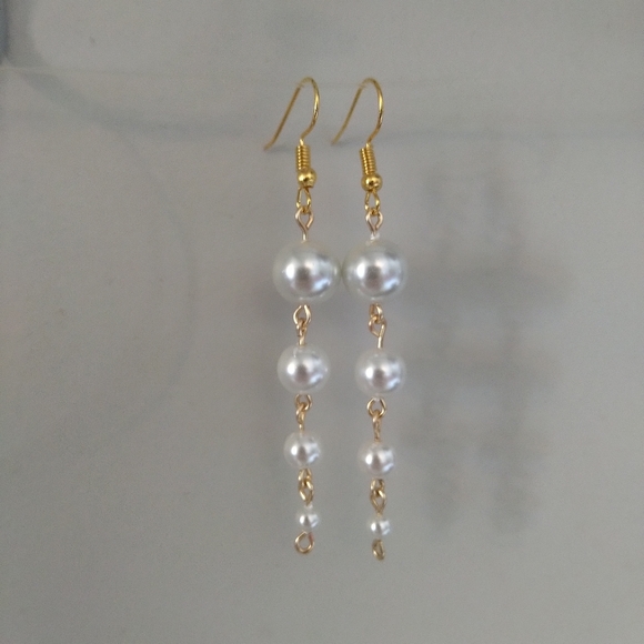 White Glass Faux Pearl Descending Four Tier Dangle Hook Linear Earrings Handmade - Picture 9 of 10
